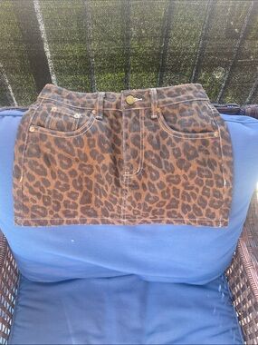 Leopard Print Denim Mini Skirt - Brown